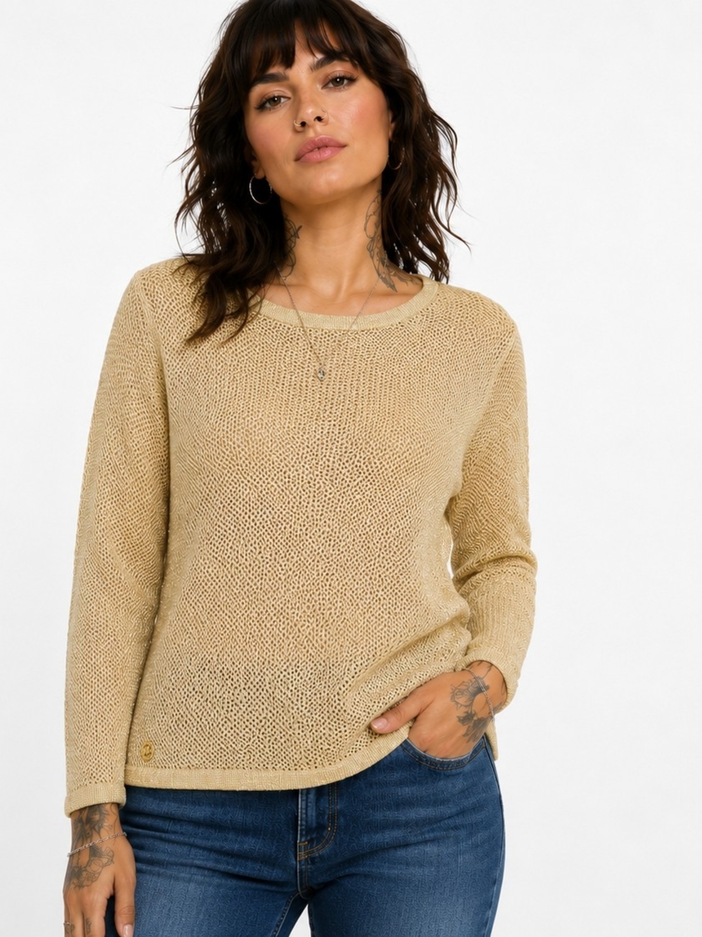 NWT Michael Kors Women's Large Beige With Gold Metallic Knit Pullover Sweater L